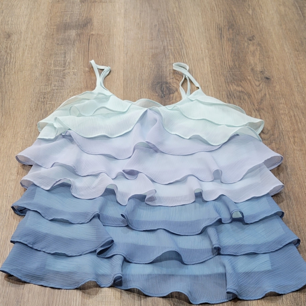 CANDIES, Ombre Ruffle Spaghetti Strap Tank, Small, Blue Tones 100% Polyester